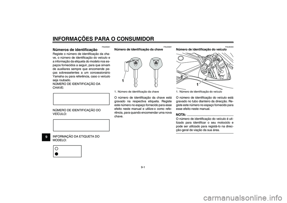 YAMAHA YZF-R125 2008  Manual de utilização (in Portuguese) INFORMAÇÕES PARA O CONSUMIDOR
9-1
9
PAU26351
Números de identificação Registe o número de identificação da cha-
ve, o número de identificação do veículo e
a informação da etiqueta do mod