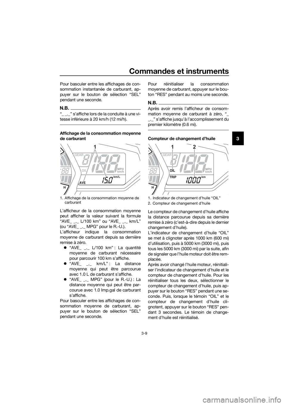 YAMAHA YZF-R3 2018 Notices Demploi (in French) Commandes et instruments
3-9
3
Pour basculer entre les affichages de con-
sommation instantanée de carburant, ap-
puyer sur le bouton de sélection “SEL”
pendant une seconde.
N.B.
“_ _._” s YAMAHA YZF-R3 2018 Notices Demploi (in French) Commandes et instruments
3-9
3
Pour basculer entre les affichages de con-
sommation instantanée de carburant, ap-
puyer sur le bouton de sélection “SEL”
pendant une seconde.
N.B.
“_ _._” s