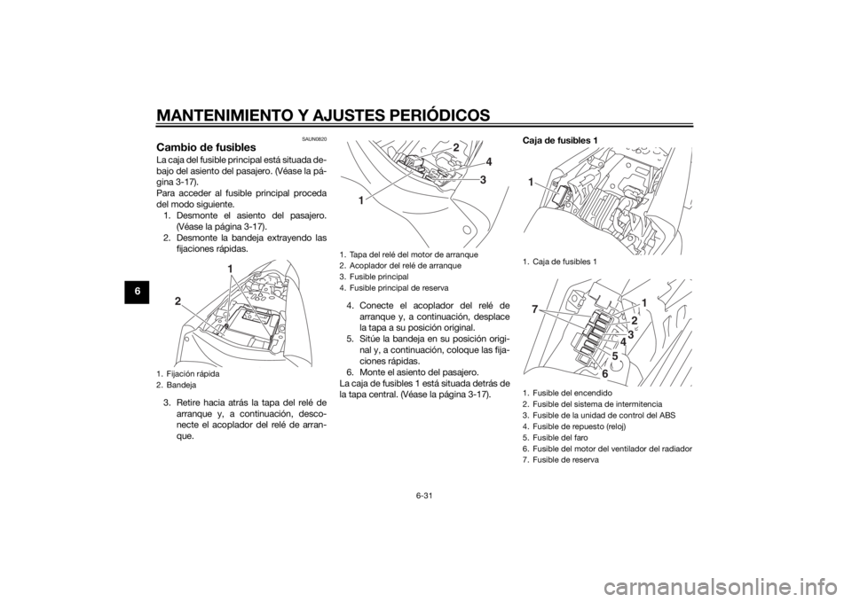 YAMAHA YZF-R3 2015 Manuale de Empleo (in Spanish) MANTENIMIENTO Y AJUSTES PERIÓDICOS
6-31
6
SAUN0820
Cambio de fusiblesLa caja del fusible principal está situada de-
bajo del asiento del pasajero. (Véase la pá-
gina 3-17).
Para acceder al fusible YAMAHA YZF-R3 2015 Manuale de Empleo (in Spanish) MANTENIMIENTO Y AJUSTES PERIÓDICOS
6-31
6
SAUN0820
Cambio de fusiblesLa caja del fusible principal está situada de-
bajo del asiento del pasajero. (Véase la pá-
gina 3-17).
Para acceder al fusible
