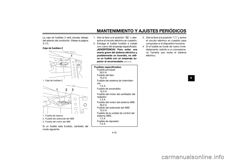 YAMAHA YZF-R3 2015  Manuale de Empleo (in Spanish) MANTENIMIENTO Y AJUSTES PERIÓDICOS
6-32
6
La caja de fusibles 2 está situada debajo
del asiento del conductor. (Véase la página
3-17).
Caja de fusibles 2
Si un fusible está fundido, cámbielo del