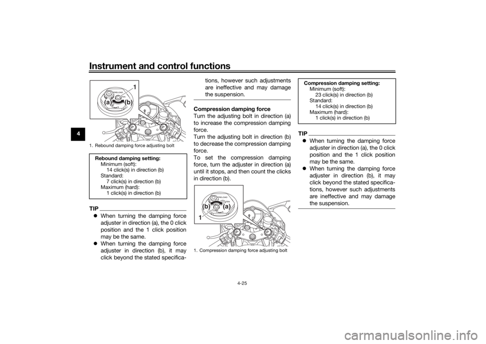 YAMAHA YZF-R6 2020 Service Manual Instrument and control functions
4-25
4
TIP When turning the damping force
adjuster in direction (a), the 0 click
position and the 1 click position
may be the same.
When turning the damping for YAMAHA YZF-R6 2020 Service Manual Instrument and control functions
4-25
4
TIP When turning the damping force
adjuster in direction (a), the 0 click
position and the 1 click position
may be the same.
When turning the damping for