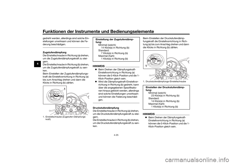 YAMAHA YZF-R6 2020  Betriebsanleitungen (in German) Funktionen der Instru mente un d Be dienun gselemente
4-25
4
gedreht werden, allerdings sind solche Ein-
stellungen unwirksam und können die Fe-
derung beschädigen.Zu gstufen dämpfun g
Die Einstell