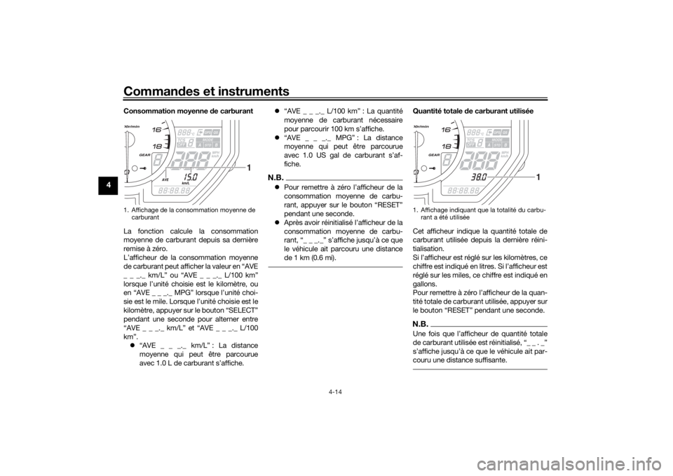 YAMAHA YZF-R6 2019 Notices Demploi (in French) Commandes et instruments
4-14
4
Consommation moyenne de carburant
La fonction calcule la consommation
moyenne de carburant depuis sa dernière
remise à zéro.
L’afficheur de la consommation moyenn YAMAHA YZF-R6 2019 Notices Demploi (in French) Commandes et instruments
4-14
4
Consommation moyenne de carburant
La fonction calcule la consommation
moyenne de carburant depuis sa dernière
remise à zéro.
L’afficheur de la consommation moyenn