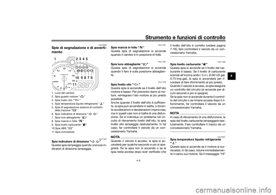 YAMAHA YZF-R6 2019  Manuale duso (in Italian) Strumento e funzioni di controllo
4-5
4
HAU4939G
Spie  di se gnalazione e d i avverti-
mento
HAU11022
Spia in dicatore  di d irezione “ ”
Questa spia lampeggia quando una luce in-
dicatori di dire