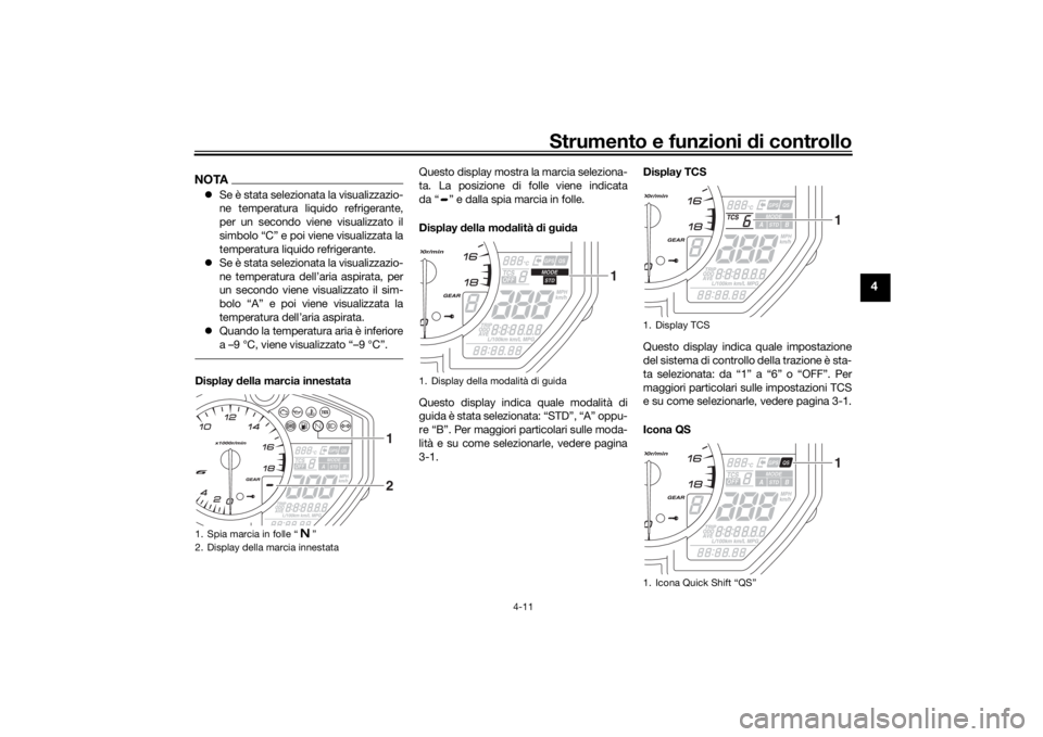 YAMAHA YZF-R6 2019  Manuale duso (in Italian) Strumento e funzioni di controllo
4-11
4
NOTA Se è stata selezionata la visualizzazio-
ne temperatura liquido refrigerante,
per un secondo viene visualizzato il
simbolo “C” e poi viene visuali