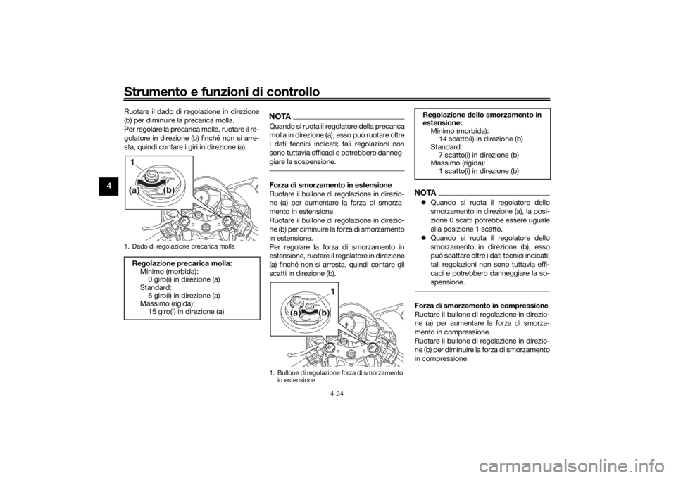 YAMAHA YZF-R6 2019  Manuale duso (in Italian) Strumento e funzioni di controllo
4-24
4
Ruotare il dado di regolazione in direzione
(b) per diminuire la precarica molla.
Per regolare la precarica molla, ruotare il re-
golatore in direzione (b) fin