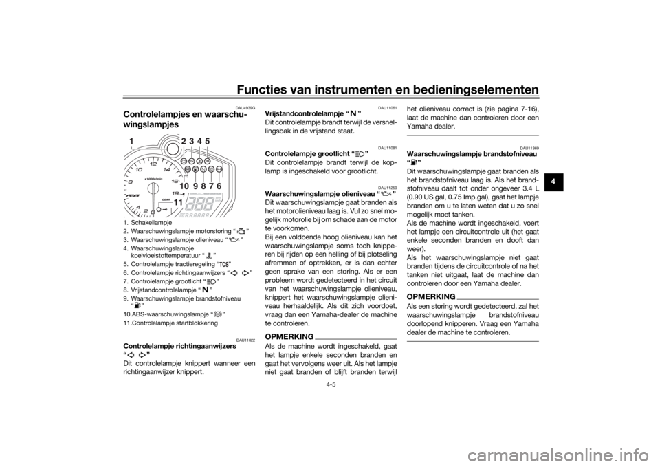 YAMAHA YZF-R6 2019  Instructieboekje (in Dutch) Functies van instrumenten en bed ienin gselementen
4-5
4
DAU4939G
Controlelampjes en waarschu-
win gslampjes
DAU11022
Controlelampje richtin gaanwijzers
“”
Dit controlelampje knippert wanneer een
