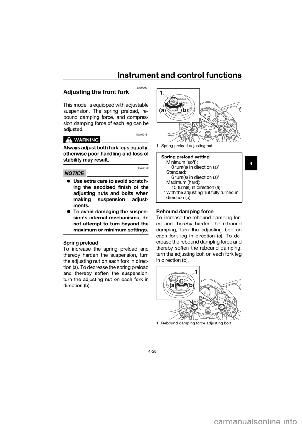 YAMAHA YZF-R6 2018 Service Manual Instrument and control functions
4-25
4
EAU79921
A djustin g the front fork
This model is equipped with adjustable
suspension. The spring preload, re-
bound damping force, and compres-
sion damping fo