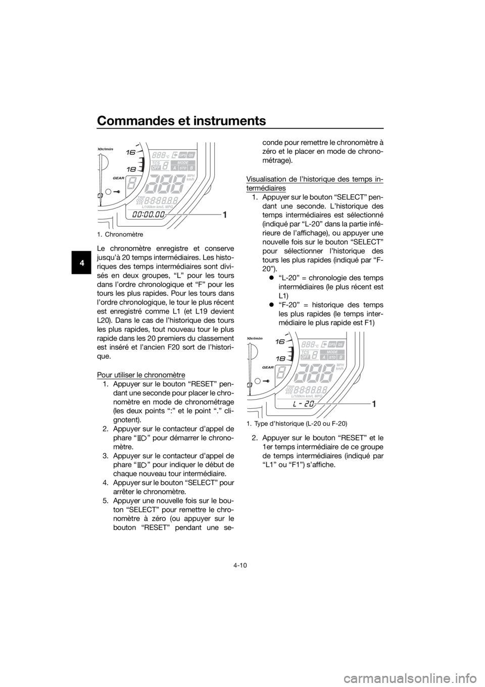 YAMAHA YZF-R6 2018 Notices Demploi (in French) Commandes et instruments
4-10
4
Le chronomètre enregistre et conserve
jusqu’à 20 temps intermédiaires. Les histo-
riques des temps intermédiaires sont divi-
sés en deux groupes, “L” pour le YAMAHA YZF-R6 2018 Notices Demploi (in French) Commandes et instruments
4-10
4
Le chronomètre enregistre et conserve
jusqu’à 20 temps intermédiaires. Les histo-
riques des temps intermédiaires sont divi-
sés en deux groupes, “L” pour le