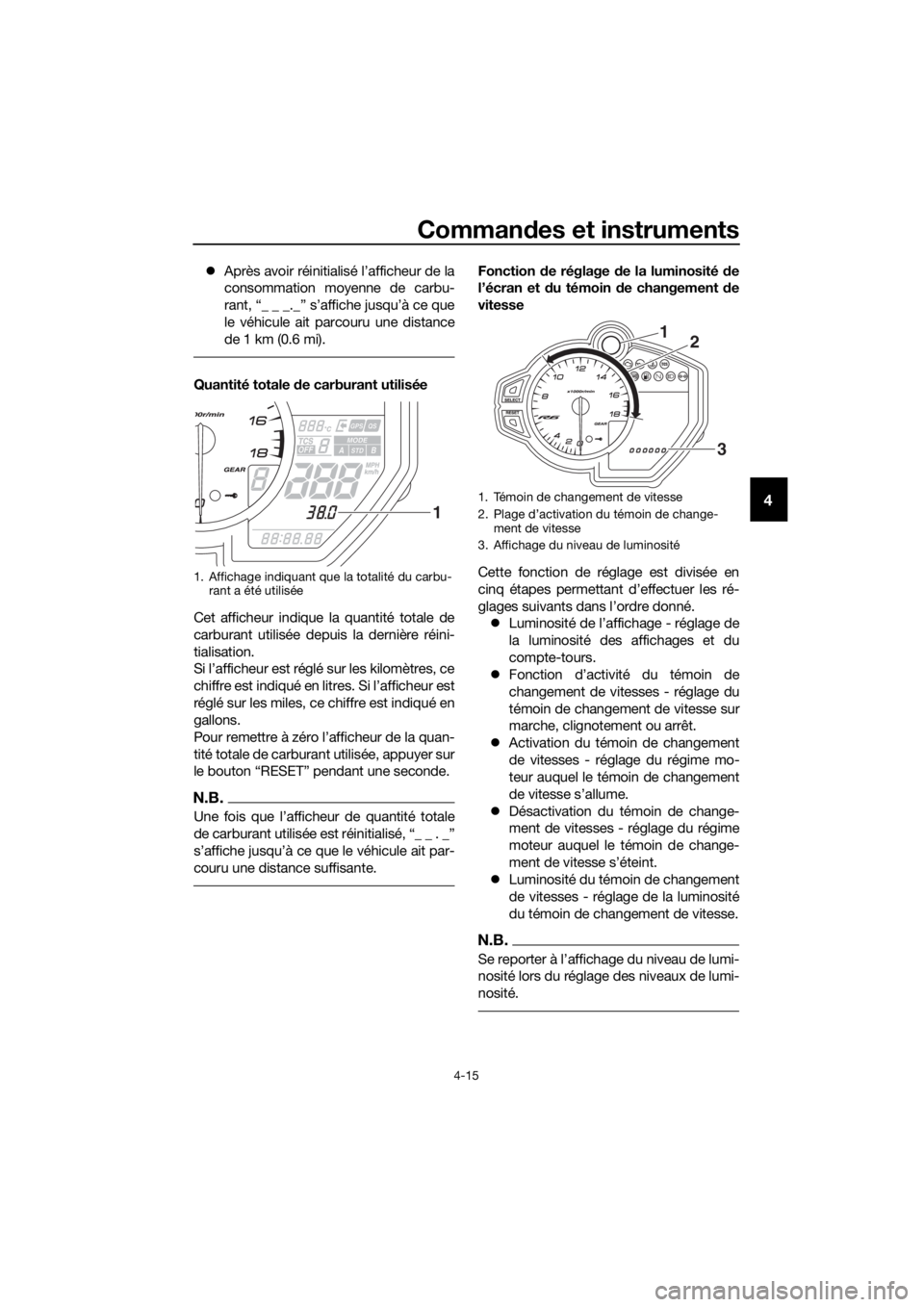 YAMAHA YZF-R6 2018  Notices Demploi (in French) Commandes et instruments
4-15
4
 Après avoir réinitialisé l’afficheur de la
consommation moyenne de carbu-
rant, “_ _ _._” s’affiche jusqu’à ce que
le véhicule ait parcouru une dista