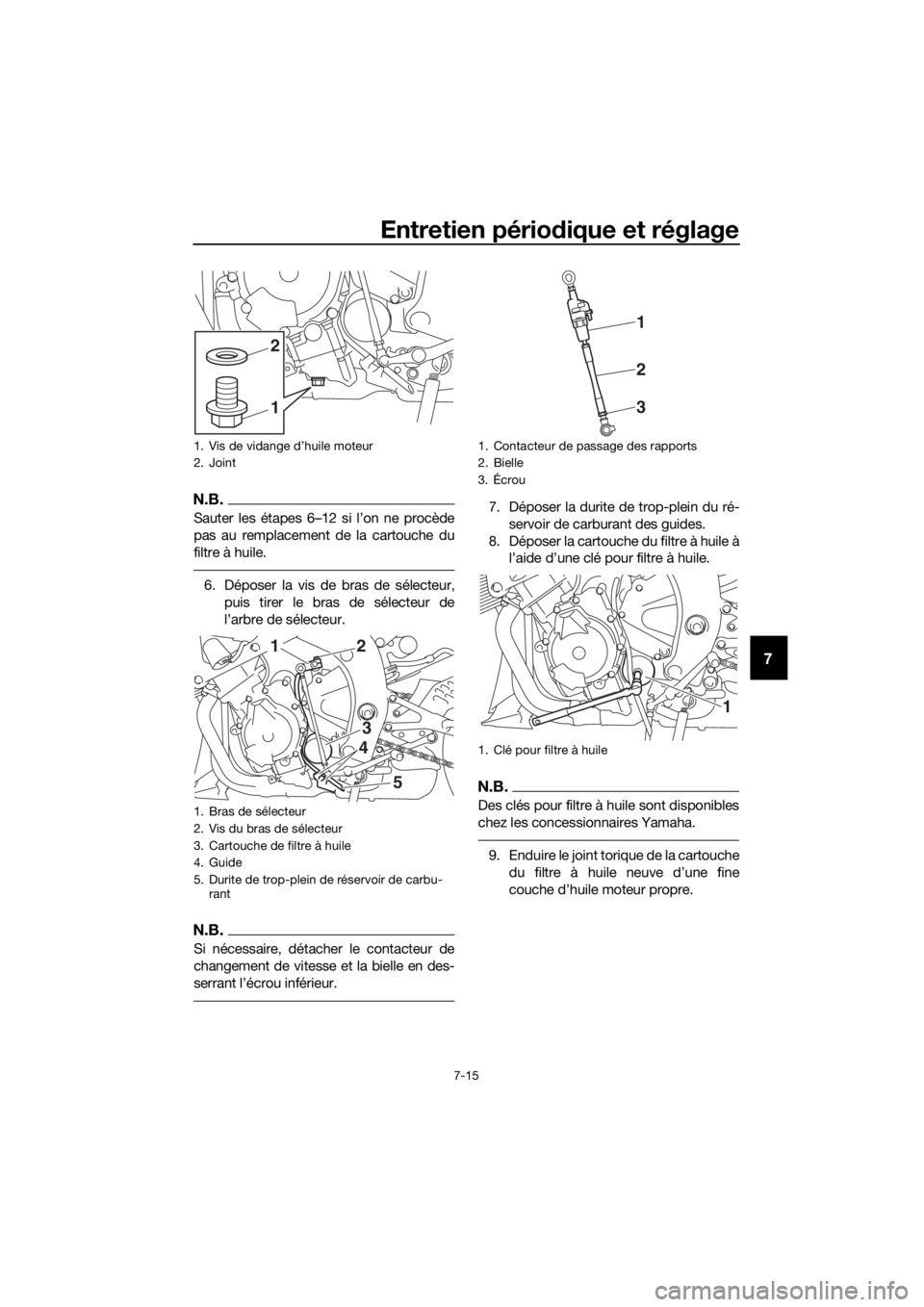 YAMAHA YZF-R6 2018 Notices Demploi (in French) Entretien périodique et réglage
7-15
7
N.B.
Sauter les étapes 6–12 si l’on ne procède
pas au remplacement de la cartouche du
filtre à huile.
6. Déposer la vis de bras de sélecteur,
puis tir YAMAHA YZF-R6 2018 Notices Demploi (in French) Entretien périodique et réglage
7-15
7
N.B.
Sauter les étapes 6–12 si l’on ne procède
pas au remplacement de la cartouche du
filtre à huile.
6. Déposer la vis de bras de sélecteur,
puis tir