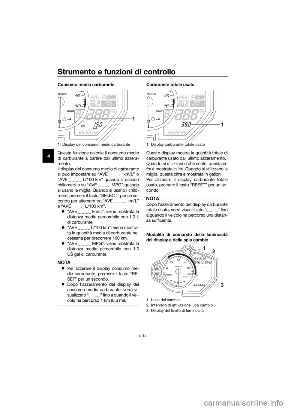 YAMAHA YZF-R6 2018 Manuale duso (in Italian) Strumento e funzioni di controllo
4-14
4
Consumo medio carburante
Questa funzione calcola il consumo medio
di carburante a partire dall’ultimo azzera-
mento.
Il display del consumo medio di carburan YAMAHA YZF-R6 2018 Manuale duso (in Italian) Strumento e funzioni di controllo
4-14
4
Consumo medio carburante
Questa funzione calcola il consumo medio
di carburante a partire dall’ultimo azzera-
mento.
Il display del consumo medio di carburan