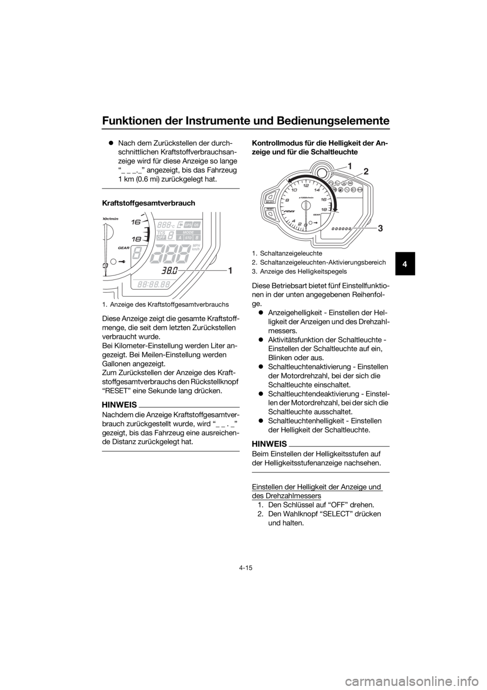 YAMAHA YZF-R6 2017  Betriebsanleitungen (in German) Funktionen der Instrumente un d Bed ienung selemente
4-15
4
Nach dem Zurückstellen der durch-
schnittlichen Kraftstoffverbrauchsan-
zeige wird für diese Anzeige so lange 
“_ _ _._” angezeigt,