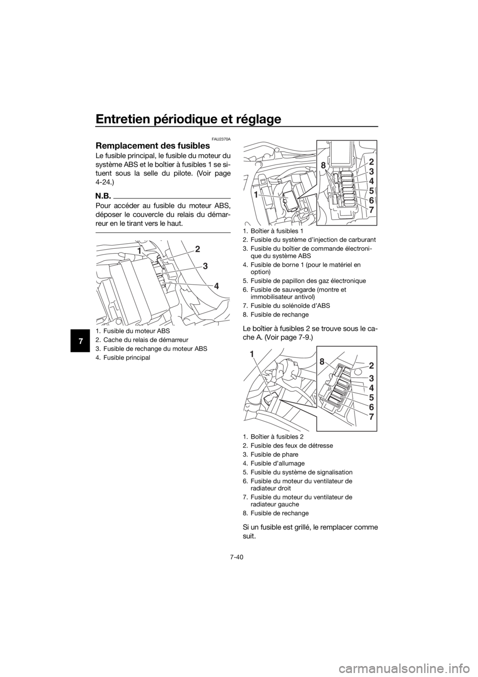 YAMAHA YZF-R6 2017  Notices Demploi (in French) Entretien périodique et réglage
7-40
7
FAU2370A
Remplacement  des fusibles
Le fusible principal, le fusible du moteur du
système ABS et le boîtier à fusibles 1 se si-
tuent sous la selle du pilot