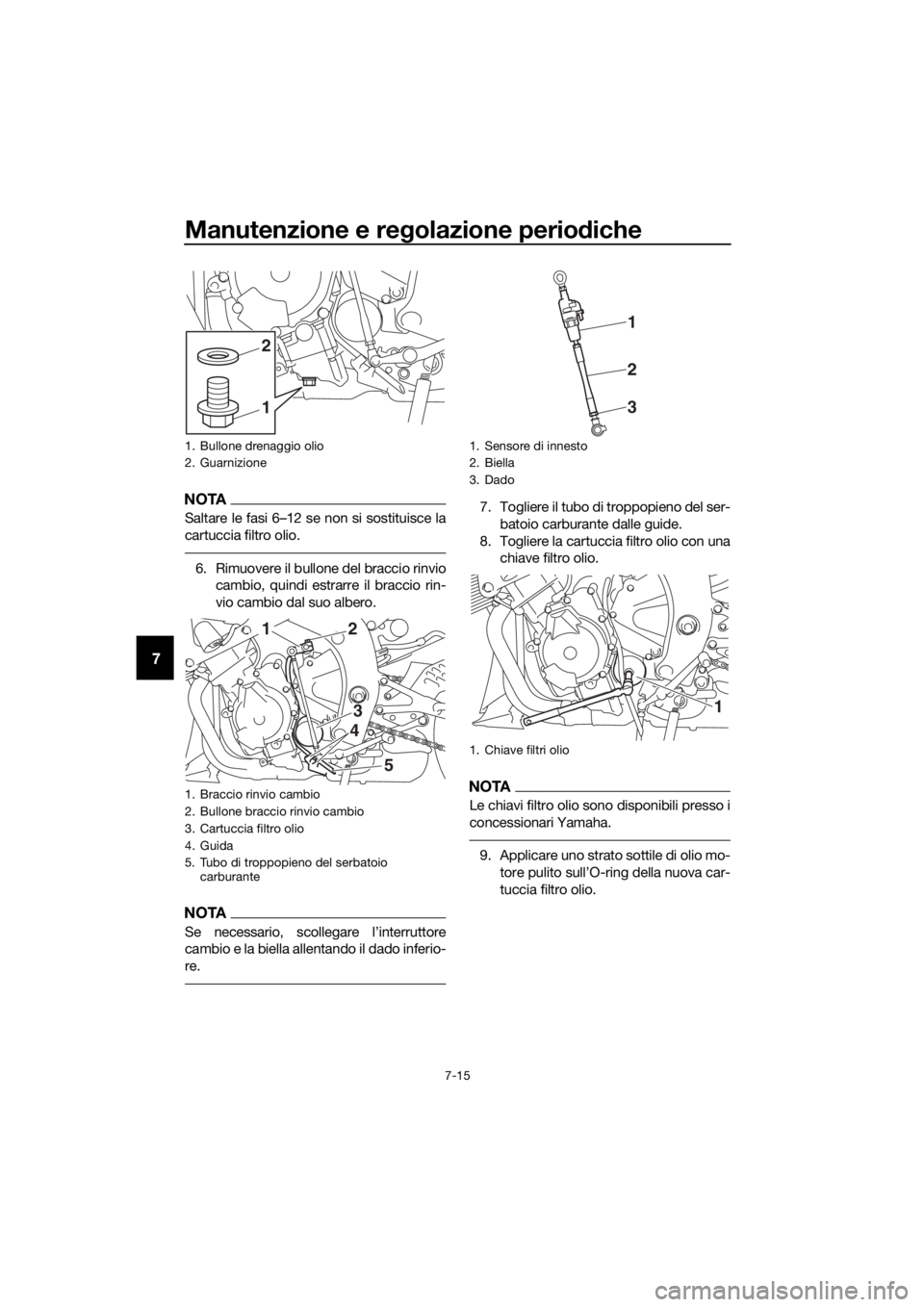 YAMAHA YZF-R6 2017 Manuale duso (in Italian) Manutenzione e regolazione perio diche
7-15
7
NOTA
Saltare le fasi 6–12 se non si sostituisce la
cartuccia filtro olio.
6. Rimuovere il bullone del braccio rinvio
cambio, quindi estrarre il braccio YAMAHA YZF-R6 2017 Manuale duso (in Italian) Manutenzione e regolazione perio diche
7-15
7
NOTA
Saltare le fasi 6–12 se non si sostituisce la
cartuccia filtro olio.
6. Rimuovere il bullone del braccio rinvio
cambio, quindi estrarre il braccio