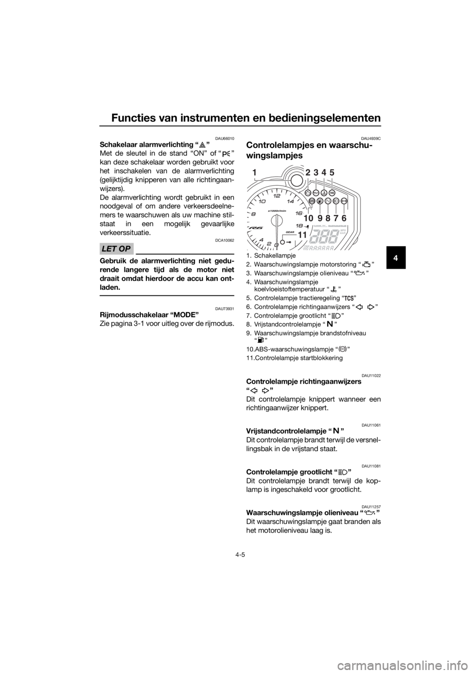 YAMAHA YZF-R6 2017  Instructieboekje (in Dutch) Functies van instrumenten en bed ienin gselementen
4-5
4
DAU66010Schakelaar alarmverlichtin g“” 
Met de sleutel in de stand “ON” of “ ”
kan deze schakelaar worden gebruikt voor
het inschak