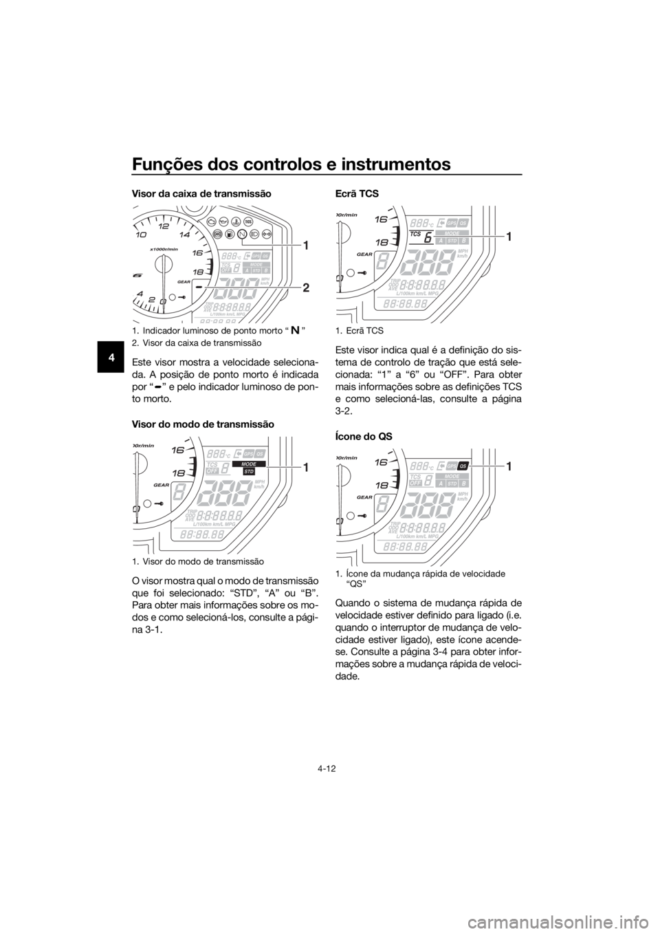 YAMAHA YZF-R6 2017  Manual de utilização (in Portuguese) Funções dos controlos e instrumentos
4-12
4
Visor  da caixa d e transmissão
Este visor mostra a velocidade seleciona-
da. A posição de ponto morto é indicada
por “ ” e pelo indicador luminos