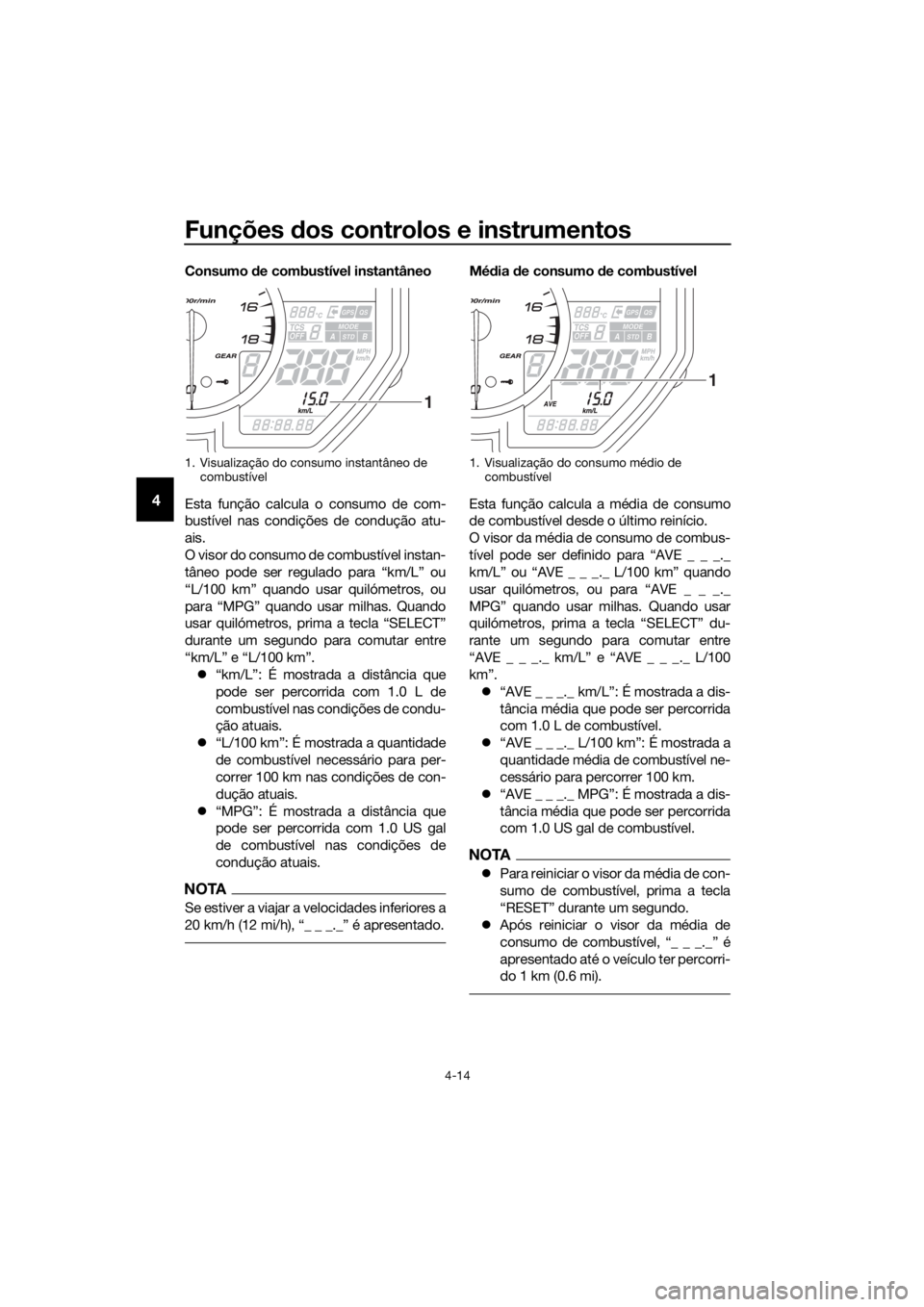 YAMAHA YZF-R6 2017  Manual de utilização (in Portuguese) Funções dos controlos e instrumentos
4-14
4
Consumo  de combustível instantâneo
Esta função calcula o consumo de com-
bustível nas condições de condução atu-
ais.
O visor do consumo de comb