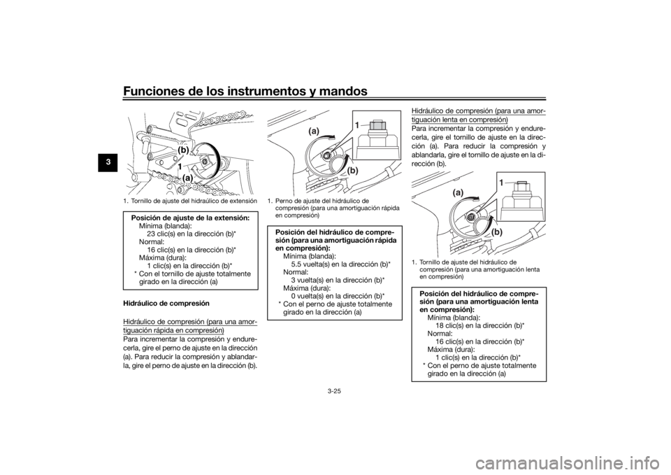 YAMAHA YZF-R6 2016 Manuale de Empleo (in Spanish) Funciones de los instrumentos y man dos
3-25
3
Hi dráulico de compresión
Hidráulico de compresión (para una amor-tiguación rápida en compresión)Para incrementar la compresión y endure-
cerla, YAMAHA YZF-R6 2016 Manuale de Empleo (in Spanish) Funciones de los instrumentos y man dos
3-25
3
Hi dráulico de compresión
Hidráulico de compresión (para una amor-tiguación rápida en compresión)Para incrementar la compresión y endure-
cerla,