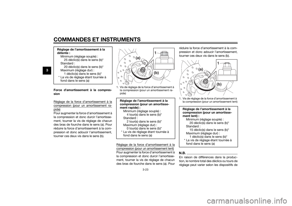 YAMAHA YZF-R6 2014  Notices Demploi (in French) COMMANDES ET INSTRUMENTS
3-23
3
Force d’amortissement à la compres-
sion
Réglage de la force d’amortissement à lacompression (pour un amortissement ra-pide)Pour augmenter la force d’amortisse