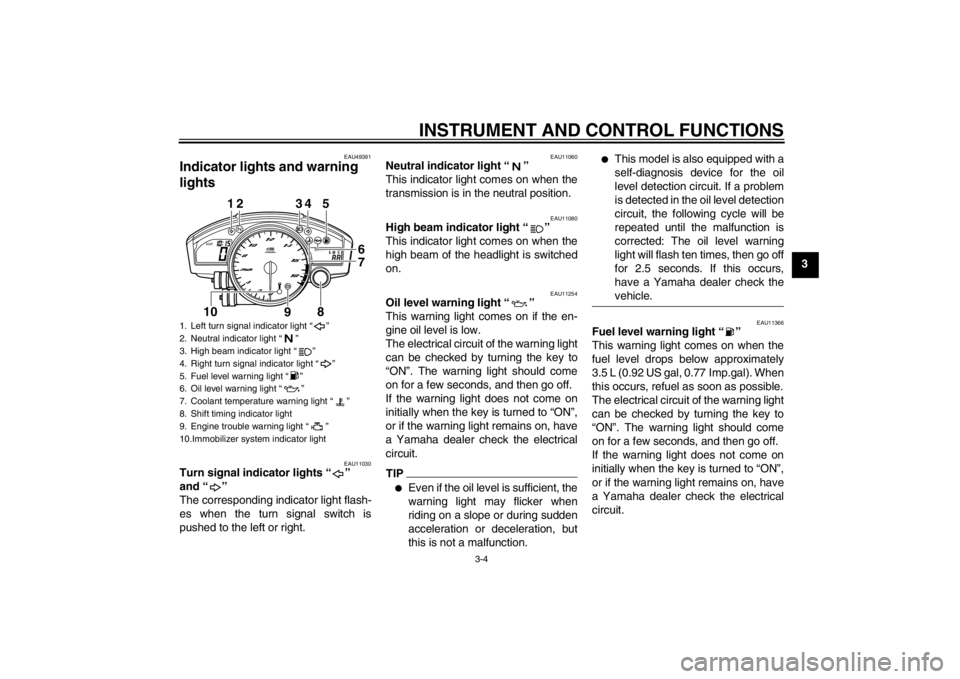 YAMAHA YZF-R6 2013  Owners Manual INSTRUMENT AND CONTROL FUNCTIONS
3-4
3
EAU49391
Indicator lights and warning 
lights 
EAU11030
Turn signal indicator lights “ ” 
and “ ” 
The corresponding indicator light flash-
es when the t