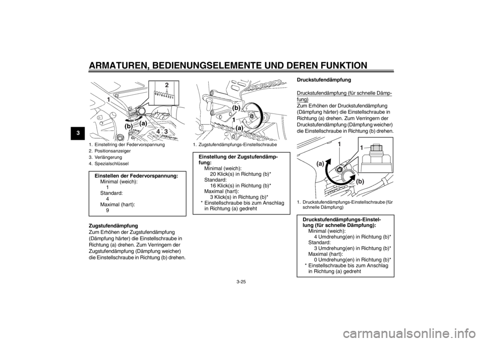 YAMAHA YZF-R6 2013 Betriebsanleitungen (in German) ARMATUREN, BEDIENUNGSELEMENTE UND DEREN FUNKTION
3-25
3
Zugstufendämpfung
Zum Erhöhen der Zugstufendämpfung
(Dämpfung härter) die Einstellschraube in
Richtung (a) drehen. Zum Verringern der
Zu YAMAHA YZF-R6 2013 Betriebsanleitungen (in German) ARMATUREN, BEDIENUNGSELEMENTE UND DEREN FUNKTION
3-25
3
Zugstufendämpfung
Zum Erhöhen der Zugstufendämpfung
(Dämpfung härter) die Einstellschraube in
Richtung (a) drehen. Zum Verringern der
Zu
