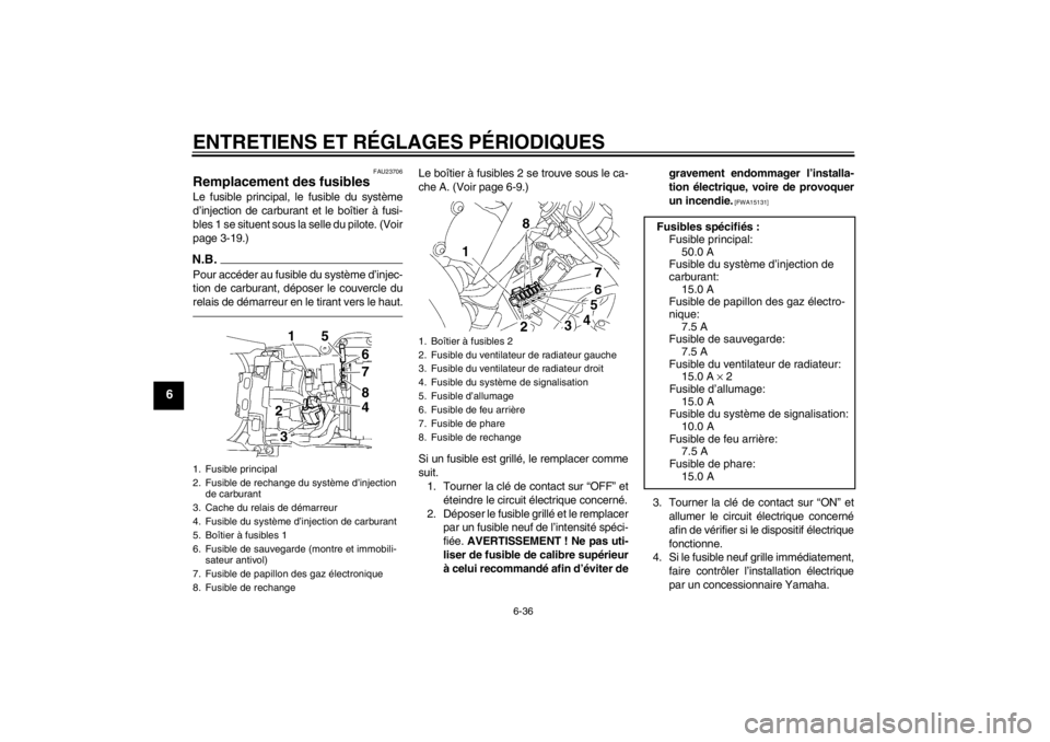 YAMAHA YZF-R6 2013 Notices Demploi (in French) ENTRETIENS ET RÉGLAGES PÉRIODIQUES
6-36
6
FAU23706
Remplacement des fusibles Le fusible principal, le fusible du système
d’injection de carburant et le boîtier à fusi-
bles 1 se situent sous la YAMAHA YZF-R6 2013 Notices Demploi (in French) ENTRETIENS ET RÉGLAGES PÉRIODIQUES
6-36
6
FAU23706
Remplacement des fusibles Le fusible principal, le fusible du système
d’injection de carburant et le boîtier à fusi-
bles 1 se situent sous la
