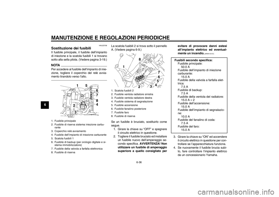 YAMAHA YZF-R6 2013  Manuale duso (in Italian) MANUTENZIONE E REGOLAZIONI PERIODICHE
6-36
6
HAU23706
Sostituzione dei fusibili Il fusibile principale, il fusibile dell’impianto
di iniezione e la scatola fusibili 1 si trovano
sotto alla sella pil