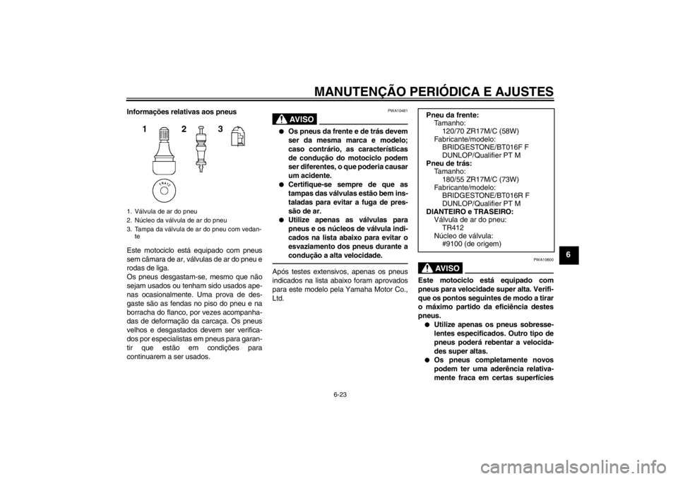 YAMAHA YZF-R6 2013 Manual de utilização (in Portuguese) MANUTENÇÃO PERIÓDICA E AJUSTES
6-23
6
Informações relativas aos pneus
Este motociclo está equipado com pneus
sem câmara de ar, válvulas de ar do pneu e
rodas de liga.
Os pneus desgastam-se, me YAMAHA YZF-R6 2013 Manual de utilização (in Portuguese) MANUTENÇÃO PERIÓDICA E AJUSTES
6-23
6
Informações relativas aos pneus
Este motociclo está equipado com pneus
sem câmara de ar, válvulas de ar do pneu e
rodas de liga.
Os pneus desgastam-se, me