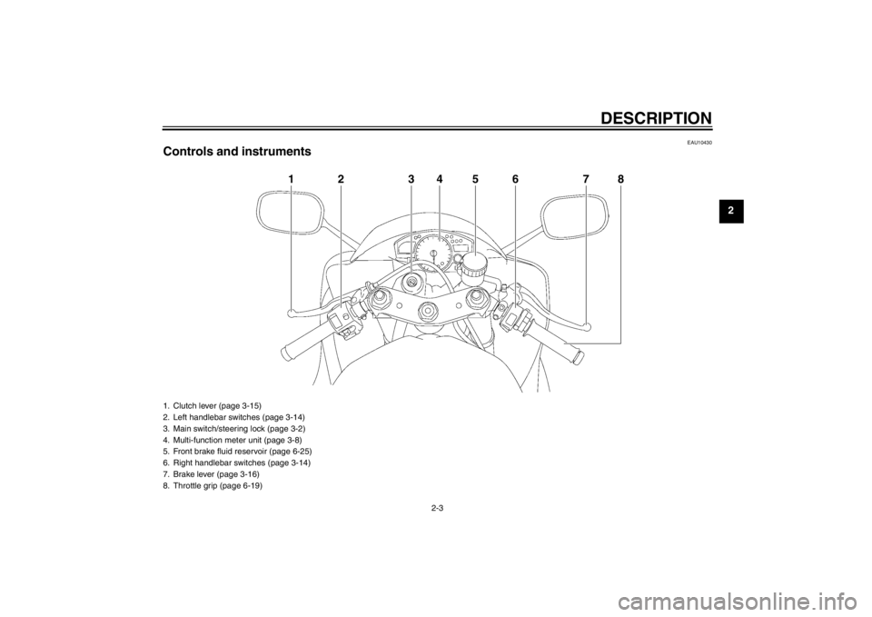 YAMAHA YZF-R6 2012 Owners Manual DESCRIPTION
2-3
2
EAU10430
Controls and instruments
1
2
3
4
5
6
7
8
1. Clutch lever (page 3-15)
2. Left handlebar switches (page 3-14)
3. Main switch/steering lock (page 3-2)
4. Multi-function meter u YAMAHA YZF-R6 2012 Owners Manual DESCRIPTION
2-3
2
EAU10430
Controls and instruments
1
2
3
4
5
6
7
8
1. Clutch lever (page 3-15)
2. Left handlebar switches (page 3-14)
3. Main switch/steering lock (page 3-2)
4. Multi-function meter u
