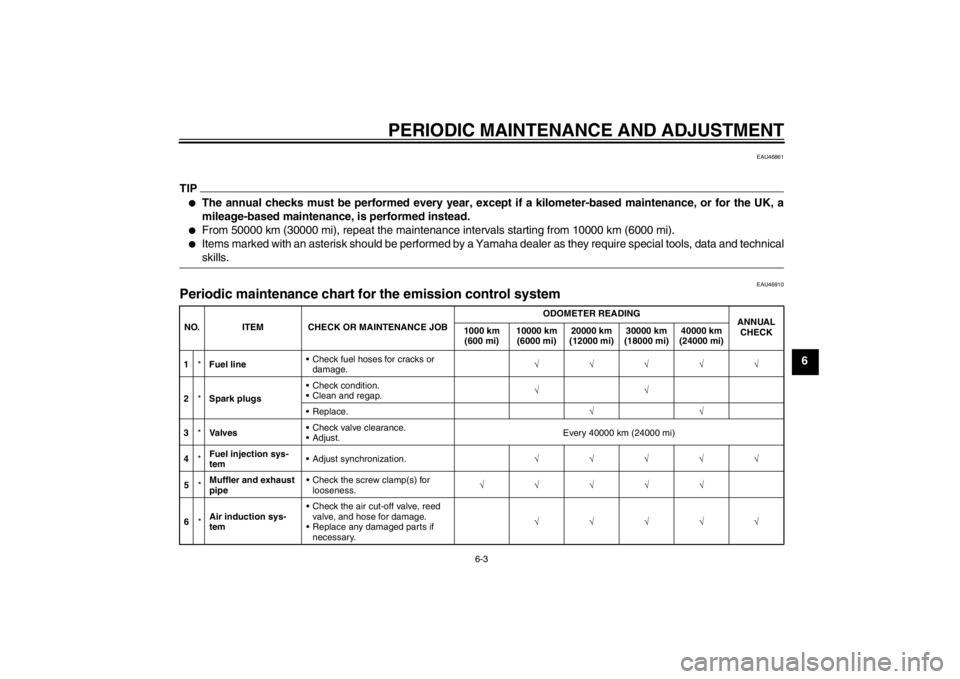 YAMAHA YZF-R6 2012 Workshop Manual PERIODIC MAINTENANCE AND ADJUSTMENT
6-3
6
EAU46861
TIP●
The annual checks must be performed every year, except if a kilometer-based maintenance, or for the UK, a
mileage-based maintenance, is perfor YAMAHA YZF-R6 2012 Workshop Manual PERIODIC MAINTENANCE AND ADJUSTMENT
6-3
6
EAU46861
TIP●
The annual checks must be performed every year, except if a kilometer-based maintenance, or for the UK, a
mileage-based maintenance, is perfor