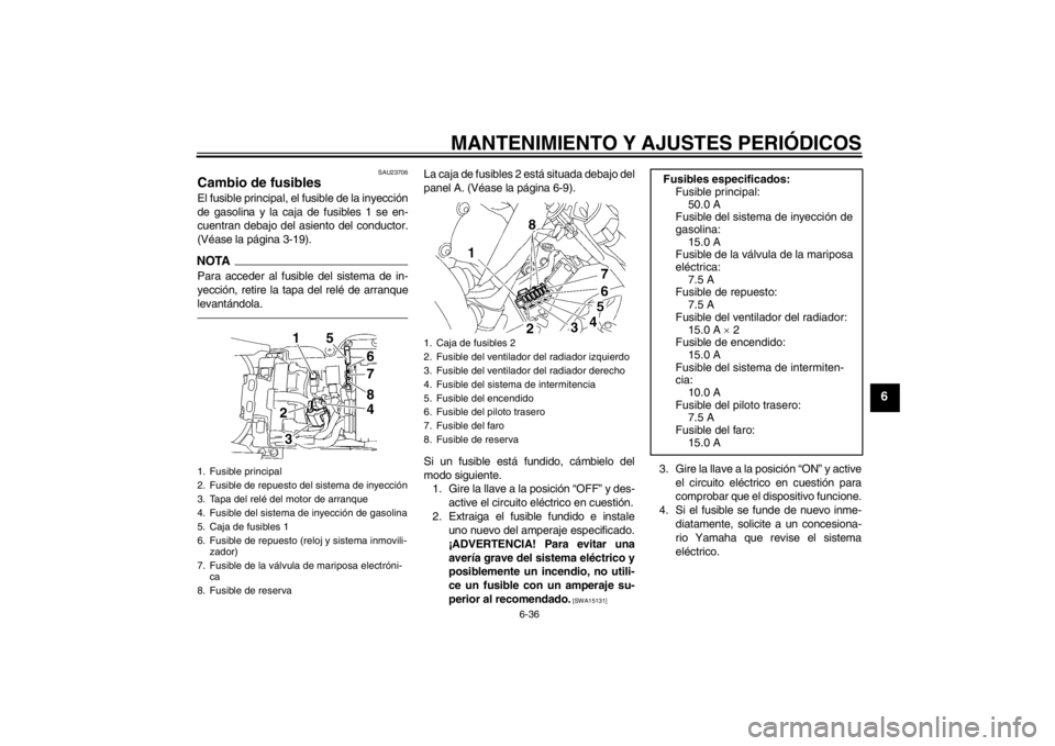 YAMAHA YZF-R6 2012  Manuale de Empleo (in Spanish) MANTENIMIENTO Y AJUSTES PERIÓDICOS
6-36
6
SAU23706
Cambio de fusibles El fusible principal, el fusible de la inyección
de gasolina y la caja de fusibles 1 se en-
cuentran debajo del asiento del cond