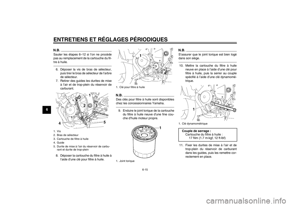 YAMAHA YZF-R6 2012 Notices Demploi (in French) ENTRETIENS ET RÉGLAGES PÉRIODIQUES
6-15
6
N.B.Sauter les étapes 6–12 si l’on ne procède
pas au remplacement de la cartouche du fil-
tre à huile.6. Déposer la vis de bras de sélecteur,puis t YAMAHA YZF-R6 2012 Notices Demploi (in French) ENTRETIENS ET RÉGLAGES PÉRIODIQUES
6-15
6
N.B.Sauter les étapes 6–12 si l’on ne procède
pas au remplacement de la cartouche du fil-
tre à huile.6. Déposer la vis de bras de sélecteur,puis t