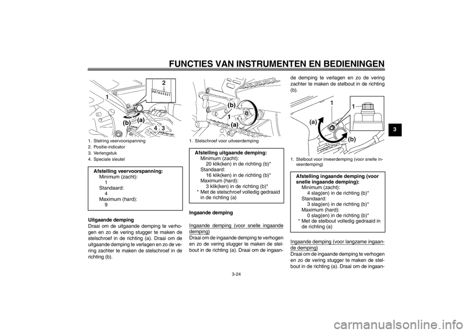 YAMAHA YZF-R6 2012 Instructieboekje (in Dutch) FUNCTIES VAN INSTRUMENTEN EN BEDIENINGEN
3-24
3
Uitgaande demping
Draai om de uitgaande demping te verho-
gen en zo de vering stugger te maken de
stelschroef in de richting (a). Draai om de
uitgaande YAMAHA YZF-R6 2012 Instructieboekje (in Dutch) FUNCTIES VAN INSTRUMENTEN EN BEDIENINGEN
3-24
3
Uitgaande demping
Draai om de uitgaande demping te verho-
gen en zo de vering stugger te maken de
stelschroef in de richting (a). Draai om de
uitgaande