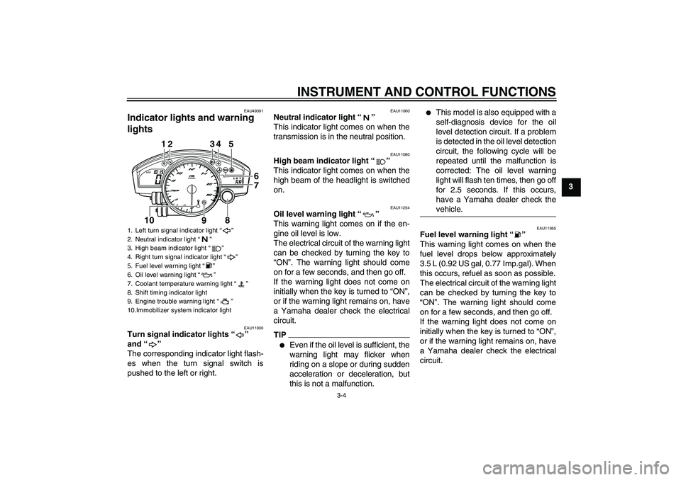 YAMAHA YZF-R6 2011  Owners Manual INSTRUMENT AND CONTROL FUNCTIONS
3-4
3
EAU49391
Indicator lights and warning 
lights 
EAU11030
Turn signal indicator lights“” 
and“” 
The corresponding indicator light flash-
es when the turn 
