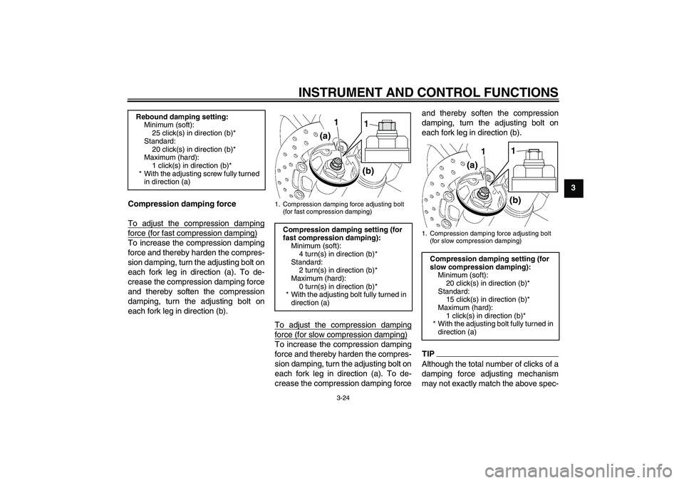 YAMAHA YZF-R6 2011 Owners Guide INSTRUMENT AND CONTROL FUNCTIONS
3-24
3
Compression damping force
To adjust the compression damping
force (for fast compression damping)To increase the compression damping
force and thereby harden the YAMAHA YZF-R6 2011 Owners Guide INSTRUMENT AND CONTROL FUNCTIONS
3-24
3
Compression damping force
To adjust the compression damping
force (for fast compression damping)To increase the compression damping
force and thereby harden the