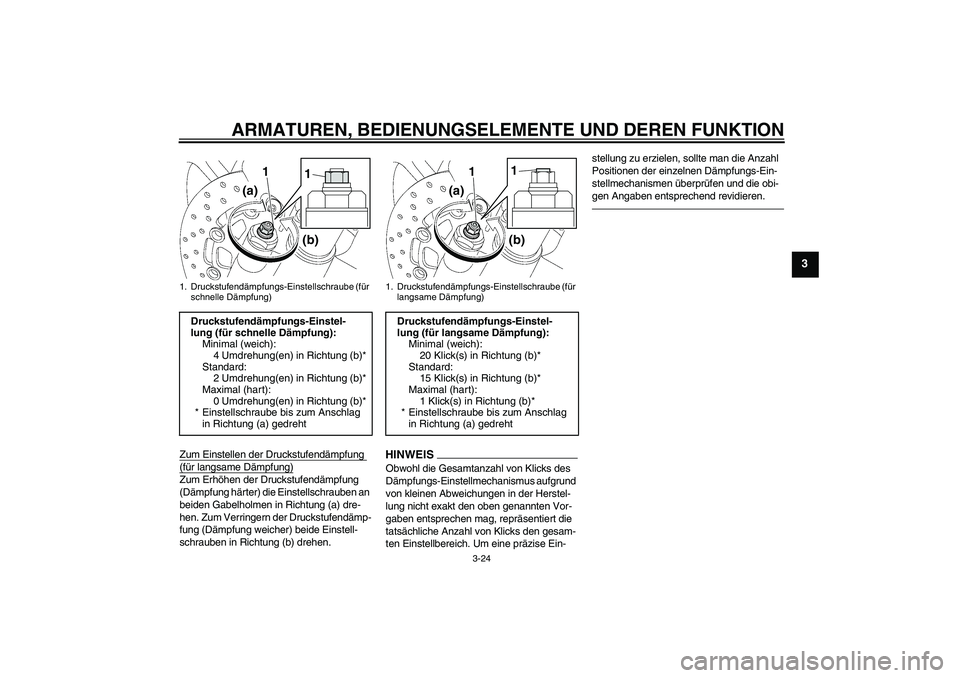 YAMAHA YZF-R6 2011  Betriebsanleitungen (in German) ARMATUREN, BEDIENUNGSELEMENTE UND DEREN FUNKTION
3-24
3
Zum Einstellen der Druckstufendämpfung (für langsame Dämpfung)Zum Erhöhen der Druckstufendämpfung 
(Dämpfung härter) die Einstellschraube
