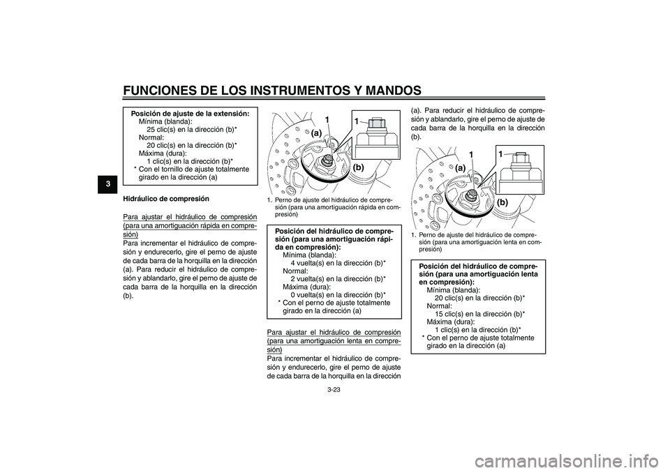 YAMAHA YZF-R6 2011 Manuale de Empleo (in Spanish) FUNCIONES DE LOS INSTRUMENTOS Y MANDOS
3-23
3
Hidráulico de compresión
Para ajustar el hidráulico de compresión(para una amortiguación rápida en compre-sión)Para incrementar el hidráulico de c YAMAHA YZF-R6 2011 Manuale de Empleo (in Spanish) FUNCIONES DE LOS INSTRUMENTOS Y MANDOS
3-23
3
Hidráulico de compresión
Para ajustar el hidráulico de compresión(para una amortiguación rápida en compre-sión)Para incrementar el hidráulico de c