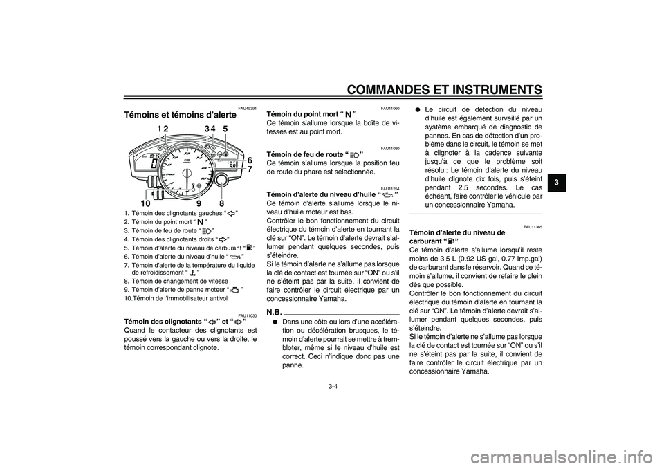 YAMAHA YZF-R6 2011  Notices Demploi (in French) COMMANDES ET INSTRUMENTS
3-4
3
FAU49391
Témoins et témoins d’alerte 
FAU11030
Témoin des clignotants“” et“” 
Quand le contacteur des clignotants est
poussé vers la gauche ou vers la droi