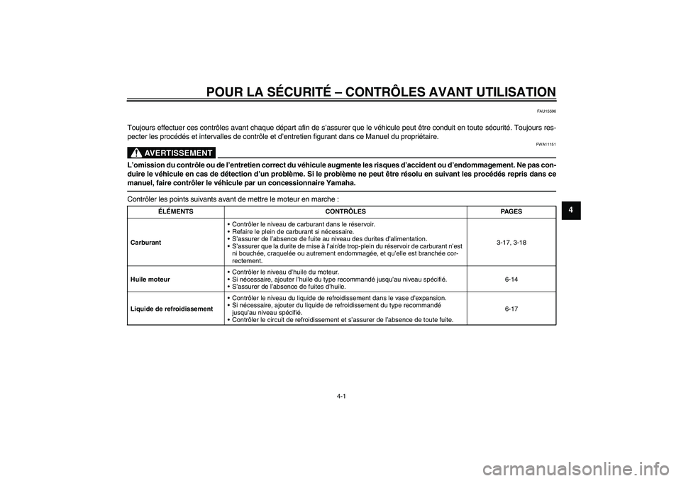 YAMAHA YZF-R6 2011 Notices Demploi (in French) POUR LA SÉCURITÉ – CONTRÔLES AVANT UTILISATION
4-1
4
FAU15596
Toujours effectuer ces contrôles avant chaque départ afin de s’assurer que le véhicule peut être conduit en toute sécurité. T YAMAHA YZF-R6 2011 Notices Demploi (in French) POUR LA SÉCURITÉ – CONTRÔLES AVANT UTILISATION
4-1
4
FAU15596
Toujours effectuer ces contrôles avant chaque départ afin de s’assurer que le véhicule peut être conduit en toute sécurité. T