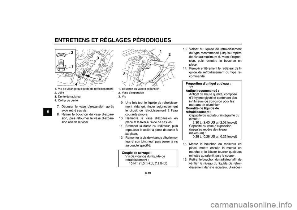 YAMAHA YZF-R6 2011 Notices Demploi (in French) ENTRETIENS ET RÉGLAGES PÉRIODIQUES
6-19
6
7. Déposer le vase d’expansion après
avoir retiré ses vis.
8. Retirer le bouchon du vase d’expan-
sion, puis retourner le vase d’expan-
sion afin d YAMAHA YZF-R6 2011 Notices Demploi (in French) ENTRETIENS ET RÉGLAGES PÉRIODIQUES
6-19
6
7. Déposer le vase d’expansion après
avoir retiré ses vis.
8. Retirer le bouchon du vase d’expan-
sion, puis retourner le vase d’expan-
sion afin d