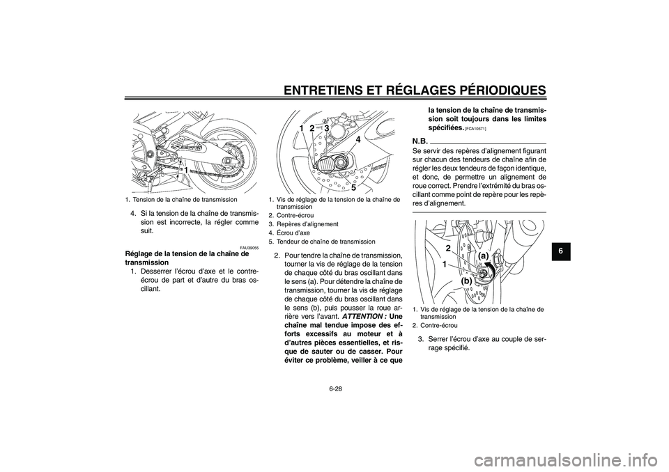 YAMAHA YZF-R6 2011  Notices Demploi (in French) ENTRETIENS ET RÉGLAGES PÉRIODIQUES
6-28
6
4. Si la tension de la chaîne de transmis-
sion est incorrecte, la régler comme
suit.
FAU39055
Réglage de la tension de la chaîne de 
transmission
1. De