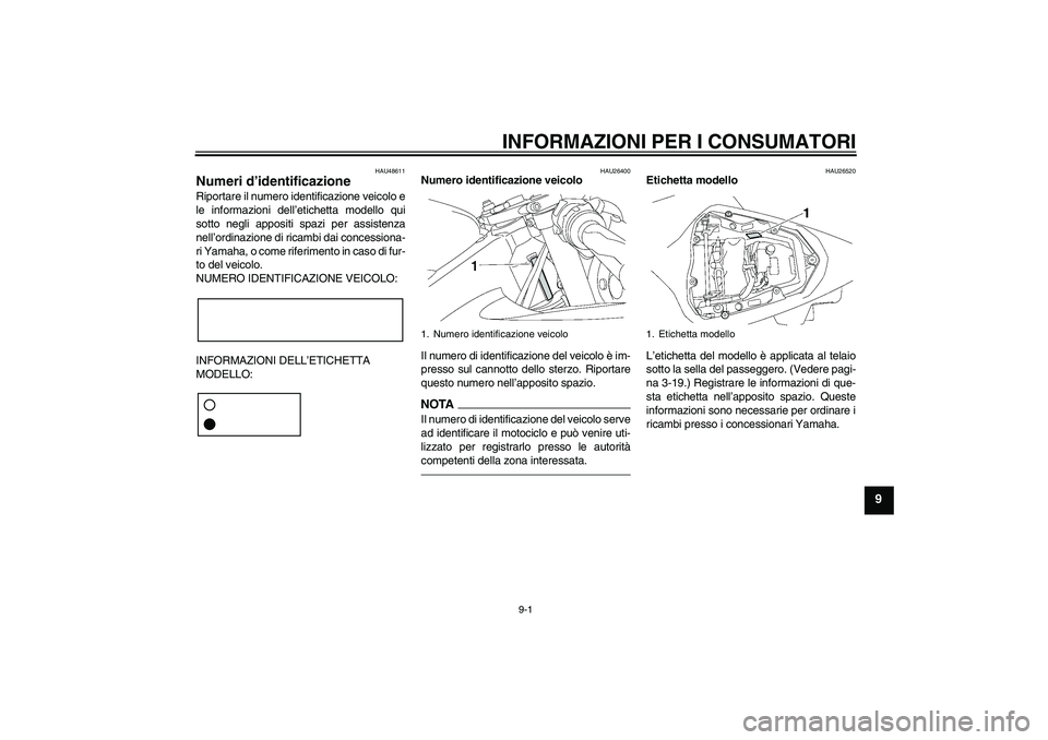 YAMAHA YZF-R6 2011 Manuale duso (in Italian) INFORMAZIONI PER I CONSUMATORI
9-1
9
HAU48611
Numeri d’identificazione Riportare il numero identificazione veicolo e
le informazioni dell’etichetta modello qui
sotto negli appositi spazi per assis YAMAHA YZF-R6 2011 Manuale duso (in Italian) INFORMAZIONI PER I CONSUMATORI
9-1
9
HAU48611
Numeri d’identificazione Riportare il numero identificazione veicolo e
le informazioni dell’etichetta modello qui
sotto negli appositi spazi per assis