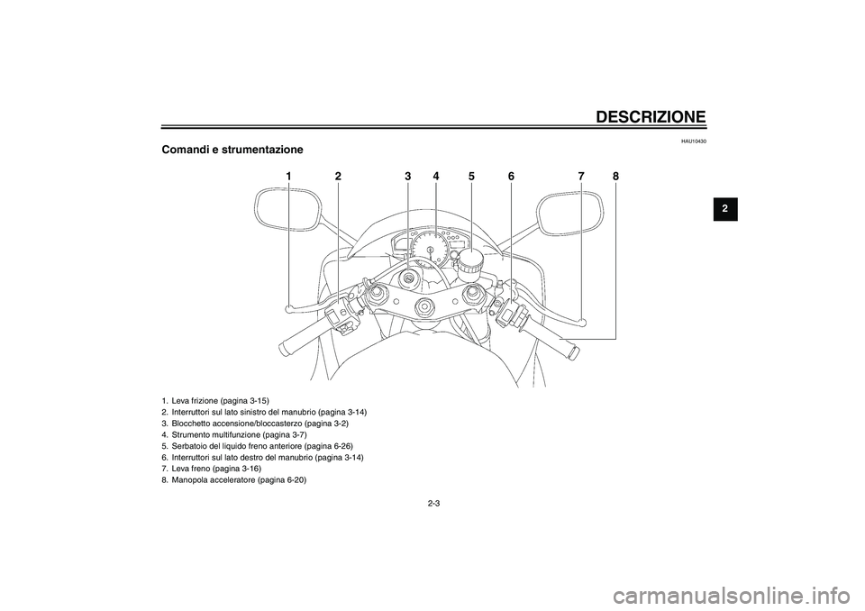 YAMAHA YZF-R6 2011  Manuale duso (in Italian) DESCRIZIONE
2-3
2
HAU10430
Comandi e strumentazione
1
2
3
4
5
6
7
8
1. Leva frizione (pagina 3-15)
2. Interruttori sul lato sinistro del manubrio (pagina 3-14)
3. Blocchetto accensione/bloccasterzo (p