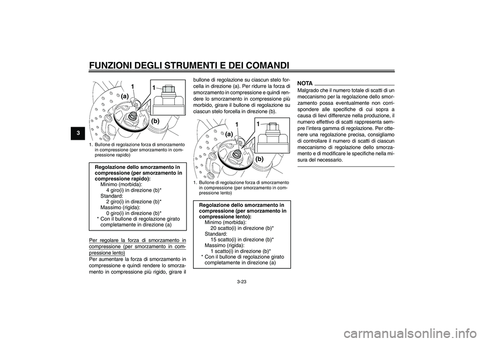 YAMAHA YZF-R6 2011 Manuale duso (in Italian) FUNZIONI DEGLI STRUMENTI E DEI COMANDI
3-23
3
Per regolare la forza di smorzamento incompressione (per smorzamento in com-pressione lento)Per aumentare la forza di smorzamento in
compressione e quindi YAMAHA YZF-R6 2011 Manuale duso (in Italian) FUNZIONI DEGLI STRUMENTI E DEI COMANDI
3-23
3
Per regolare la forza di smorzamento incompressione (per smorzamento in com-pressione lento)Per aumentare la forza di smorzamento in
compressione e quindi