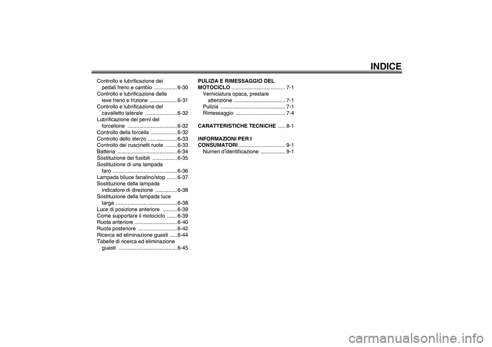 YAMAHA YZF-R6 2011  Manuale duso (in Italian) INDICE
Controllo e lubrificazione dei 
pedali freno e cambio  ................ 6-30
Controllo e lubrificazione delle 
leve freno e frizione  ................... 6-31
Controllo e lubrificazione del 
ca
