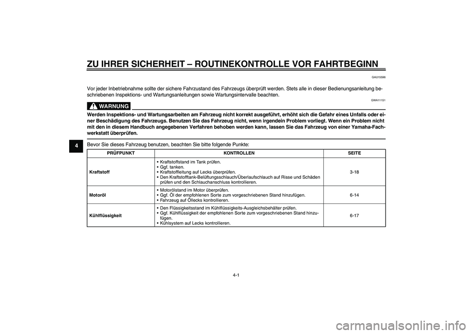 YAMAHA YZF-R6 2010  Betriebsanleitungen (in German) ZU IHRER SICHERHEIT – ROUTINEKONTROLLE VOR FAHRTBEGINN
4-1
4
GAU15596
Vor jeder Inbetriebnahme sollte der sichere Fahrzustand des Fahrzeugs überprüft werden. Stets alle in dieser Bedienungsanleitu