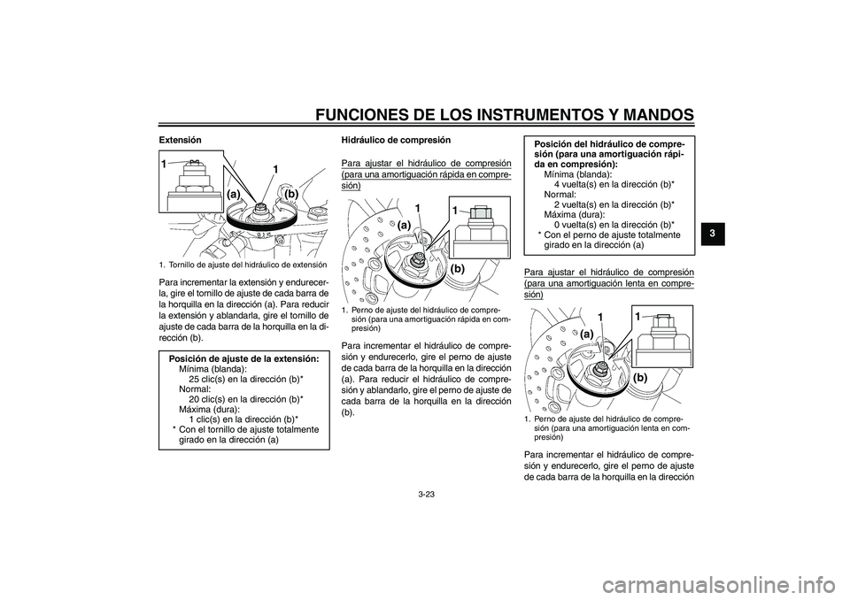 YAMAHA YZF-R6 2010 Manuale de Empleo (in Spanish) FUNCIONES DE LOS INSTRUMENTOS Y MANDOS
3-23
3
Extensión
Para incrementar la extensión y endurecer-
la, gire el tornillo de ajuste de cada barra de
la horquilla en la dirección (a). Para reducir
la YAMAHA YZF-R6 2010 Manuale de Empleo (in Spanish) FUNCIONES DE LOS INSTRUMENTOS Y MANDOS
3-23
3
Extensión
Para incrementar la extensión y endurecer-
la, gire el tornillo de ajuste de cada barra de
la horquilla en la dirección (a). Para reducir
la