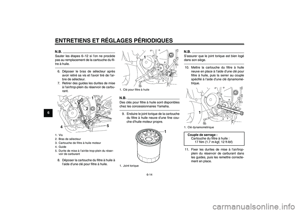 YAMAHA YZF-R6 2010 Notices Demploi (in French) ENTRETIENS ET RÉGLAGES PÉRIODIQUES
6-14
6
N.B.Sauter les étapes 6–12 si l’on ne procède
pas au remplacement de la cartouche du fil-
tre à huile.6. Déposer le bras de sélecteur après
avoir YAMAHA YZF-R6 2010 Notices Demploi (in French) ENTRETIENS ET RÉGLAGES PÉRIODIQUES
6-14
6
N.B.Sauter les étapes 6–12 si l’on ne procède
pas au remplacement de la cartouche du fil-
tre à huile.6. Déposer le bras de sélecteur après
avoir
