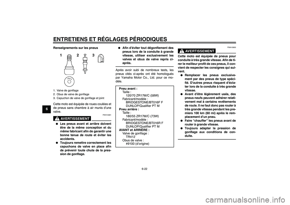 YAMAHA YZF-R6 2010  Notices Demploi (in French) ENTRETIENS ET RÉGLAGES PÉRIODIQUES
6-22
6
Renseignements sur les pneus
Cette moto est équipée de roues coulées et
de pneus sans chambre à air munis d’une
valve.
AVERTISSEMENT
FWA10481

Les pn